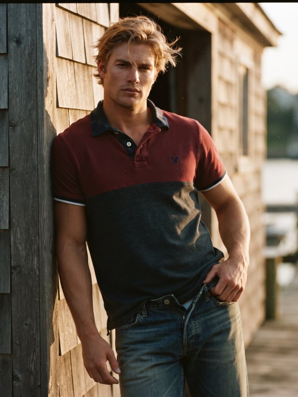 American Eagle Outfitters Mens M Burgundy Gray Colorblock Polo Shirt Preppy Y2K